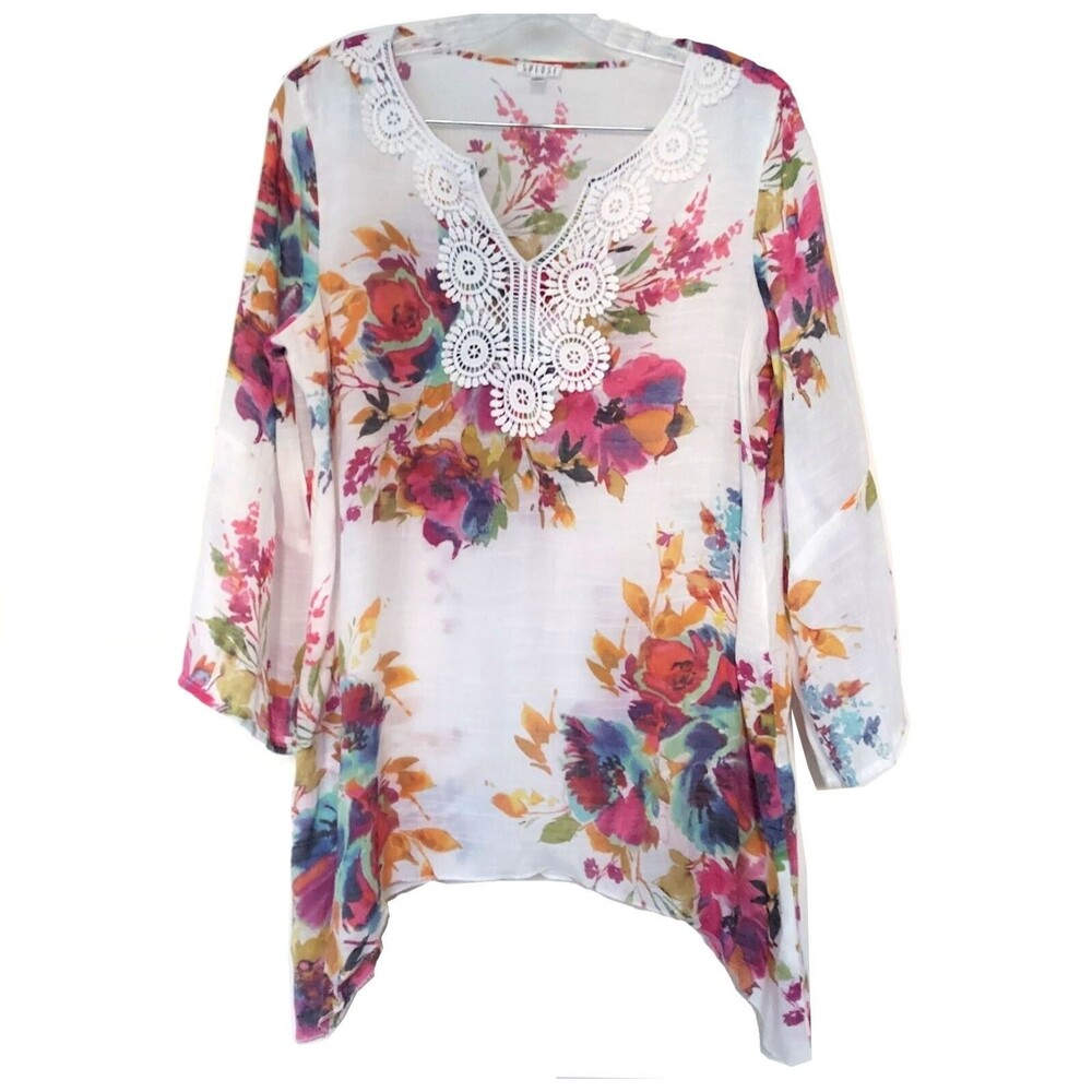 Spense White Peasant Blouse Semi Sheer Medium Watercolor Boho Crochet Lace